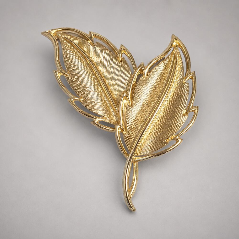 Vintage‎ Large Shiny Gold-tone Double Leaf Brooch Pin 2.5" Floral fb1-35
